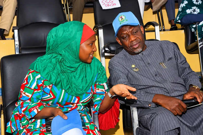 The Honourable Minister of Education (HME), Dr. Maruf Tunji Alausa, CON, in discussion with the Honourable Minister of State for Education (HMSE), Prof. Suwaiba Said Ahmad.